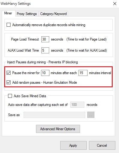 webharvy human emulation settings